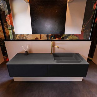 Badkamermeubelset Mondiaz Erin 150 cm met 2 Lades met RIDGE Wastafel Rechts Dark grey met 1 kraangat Greeploos Mat Urban