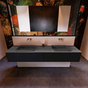 Badkamermeubelset Mondiaz Erin 200 cm met 2 Lades met RIDGE Wastafel Dubbel Dark grey Zonder Kraangaten Greeploos Mat Urban