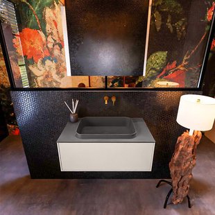 Badkamermeubelset Mondiaz Erin 80 cm met 1 Lade met RIDGE Wastafel Midden Dark grey Zonder Kraangaten Greeploos Mat Linen