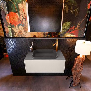 Badkamermeubelset Mondiaz Erin 80 cm met 1 Lade met RIDGE Wastafel Midden Dark grey met 1 kraangat Greeploos Mat Linen