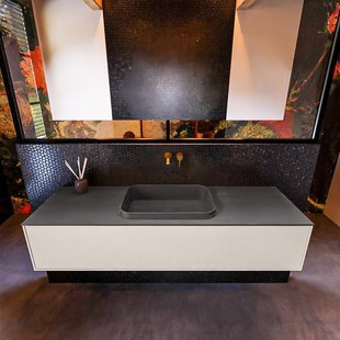 Badkamermeubelset Mondiaz Erin 150 cm met 1 Lade met RIDGE Wastafel Midden Dark grey Zonder Kraangaten Greeploos Mat Linen