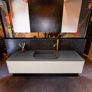 Badkamermeubelset Mondiaz Erin 150 cm met 1 Lade met RIDGE Wastafel Midden Dark grey met 1 kraangat Greeploos Mat Linen