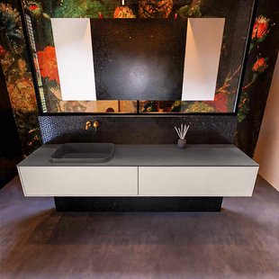 Badkamermeubelset Mondiaz Erin 200 cm met 2 Lades met RIDGE Wastafel Links Dark grey Zonder Kraangaten Greeploos Mat Linen