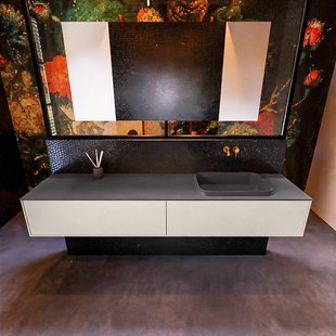 Badkamermeubelset Mondiaz Erin 200 cm met 2 Lades met RIDGE Wastafel Rechts Dark grey Zonder Kraangaten Greeploos Mat Linen