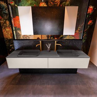Badkamermeubelset Mondiaz Erin 200 cm met 2 Lades met RIDGE Wastafel Dubbel Dark grey met 2 kraangaten Greeploos Mat Linen