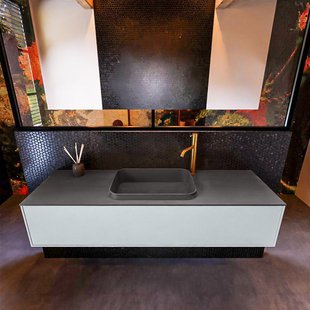 Badkamermeubelset Mondiaz Erin 150 cm met 1 Lade met RIDGE Wastafel Midden Dark grey met 1 kraangat Greeploos Mat Clay