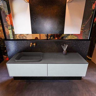 Badkamermeubelset Mondiaz Erin 150 cm met 2 Lades met RIDGE Wastafel Links Dark grey Zonder Kraangaten Greeploos Mat Clay