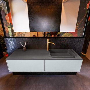 Badkamermeubelset Mondiaz Erin 150 cm met 2 Lades met RIDGE Wastafel Rechts Dark grey met 1 kraangat Greeploos Mat Clay