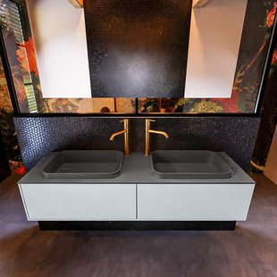 Badkamermeubelset Mondiaz Erin 150 cm met 2 Lades met RIDGE Wastafel Dubbel Dark grey met 2 kraangaten Greeploos Mat Clay