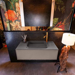 Badkamermeubelset Mondiaz Erin 100 cm met 1 Lade met RIDGE Wastafel Midden Dark grey met 1 kraangat Greeploos Mat Smoke