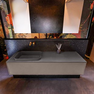 Badkamermeubelset Mondiaz Erin 150 cm met 1 Lade met RIDGE Wastafel Links Dark grey Zonder Kraangaten Greeploos Mat Smoke