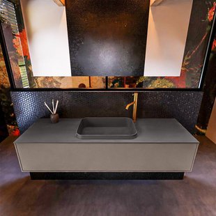 Badkamermeubelset Mondiaz Erin 150 cm met 1 Lade met RIDGE Wastafel Midden Dark grey met 1 kraangat Greeploos Mat Smoke