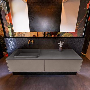 Badkamermeubelset Mondiaz Erin 150 cm met 2 Lades met RIDGE Wastafel Links Dark grey Zonder Kraangaten Greeploos Mat Smoke Badkamermeubelset Mondiaz Erin 150 cm met 2 Lades met RIDGE Wastafel Links Dark grey Zonder Kraangaten Greeploos Mat Smoke