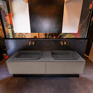 Badkamermeubelset Mondiaz Erin 150 cm met 2 Lades met RIDGE Wastafel Dubbel Dark grey Zonder Kraangaten Greeploos Mat Smoke