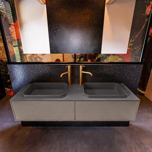 Badkamermeubelset Mondiaz Erin 150 cm met 2 Lades met RIDGE Wastafel Dubbel Dark grey met 2 kraangaten Greeploos Mat Smoke