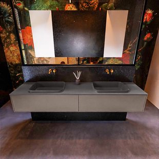 Badkamermeubelset Mondiaz Erin 200 cm met 2 Lades met RIDGE Wastafel Dubbel Dark grey Zonder Kraangaten Greeploos Mat Smoke