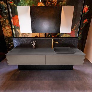 Badkamermeubelset Mondiaz Erin 200 cm met 2 Lades met RIDGE Wastafel Rechts Dark grey met 1 kraangat Greeploos Mat Smoke