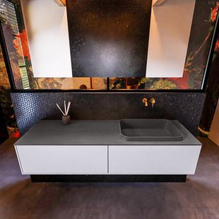 Badkamermeubelset Mondiaz Erin 150 cm met 2 Lades met RIDGE Wastafel Rechts Dark grey Zonder Kraangaten Greeploos Mat Cale