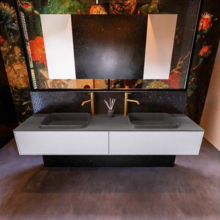 Badkamermeubelset Mondiaz Erin 200 cm met 2 Lades met RIDGE Wastafel Dubbel Dark grey met 2 kraangaten Greeploos Mat Cale