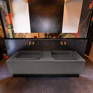 Badkamermeubelset Mondiaz Erin 150 cm met 1 Lade met RIDGE Wastafel Dubbel Dark grey Zonder Kraangaten Greeploos Mat Dark Grey