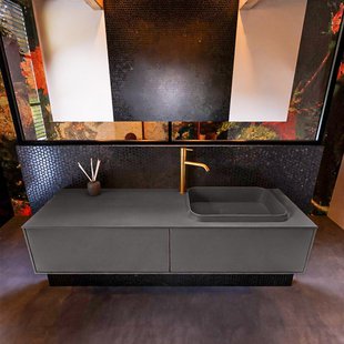 Badkamermeubelset Mondiaz Erin 150 cm met 2 Lades met RIDGE Wastafel Rechts Dark grey met 1 kraangat Greeploos Mat Dark Grey