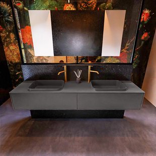 Badkamermeubelset Mondiaz Erin 200 cm met 2 Lades met RIDGE Wastafel Dubbel Dark grey met 2 kraangaten Greeploos Mat Dark Grey