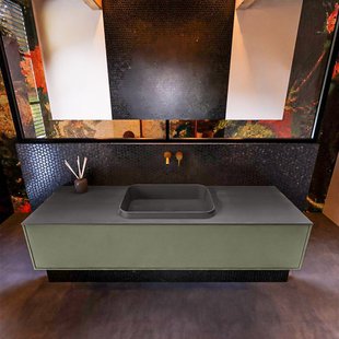 Badkamermeubelset Mondiaz Erin 150 cm met 1 Lade met RIDGE Wastafel Midden Dark grey Zonder Kraangaten Greeploos Mat Army