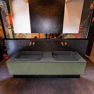 Badkamermeubelset Mondiaz Erin 150 cm met 1 Lade met RIDGE Wastafel Dubbel Dark grey Zonder Kraangaten Greeploos Mat Army