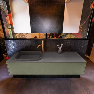 Badkamermeubelset Mondiaz Erin 150 cm met 1 Lade met RIDGE Wastafel Links Dark grey met 1 kraangat Greeploos Mat Army