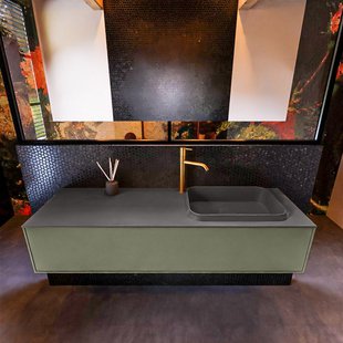 Badkamermeubelset Mondiaz Erin 150 cm met 1 Lade met RIDGE Wastafel Rechts Dark grey met 1 kraangat Greeploos Mat Army