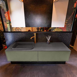 Badkamermeubelset Mondiaz Erin 150 cm met 2 Lades met RIDGE Wastafel Links Dark grey met 1 kraangat Greeploos Mat Army