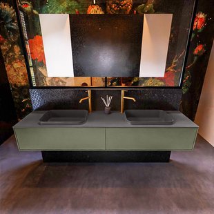Badkamermeubelset Mondiaz Erin 200 cm met 2 Lades met RIDGE Wastafel Dubbel Dark grey met 2 kraangaten Greeploos Mat Army