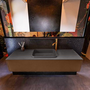 Badkamermeubelset Mondiaz Erin 150 cm met 1 Lade met RIDGE Wastafel Midden Dark grey met 1 kraangat Greeploos Mat Rust