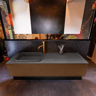 Badkamermeubelset Mondiaz Erin 150 cm met 1 Lade met RIDGE Wastafel Links Dark grey met 1 kraangat Greeploos Mat Rust