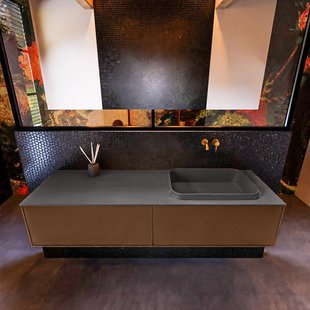 Badkamermeubelset Mondiaz Erin 150 cm met 2 Lades met RIDGE Wastafel Rechts Dark grey Zonder Kraangaten Greeploos Mat Rust