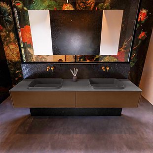 Badkamermeubelset Mondiaz Erin 200 cm met 2 Lades met RIDGE Wastafel Dubbel Dark grey Zonder Kraangaten Greeploos Mat Rust