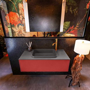 Badkamermeubelset Mondiaz Erin 100 cm met 1 Lade met RIDGE Wastafel Midden Dark grey met 1 kraangat Greeploos Mat Fire