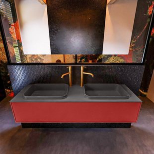 Badkamermeubelset Mondiaz Erin 150 cm met 1 Lade met RIDGE Wastafel Dubbel Dark grey met 2 kraangaten Greeploos Mat Fire