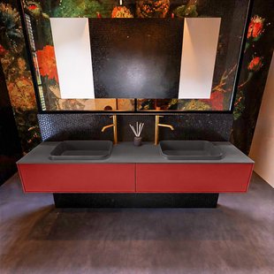 Badkamermeubelset Mondiaz Erin 200 cm met 2 Lades met RIDGE Wastafel Dubbel Dark grey met 2 kraangaten Greeploos Mat Fire