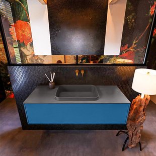 Badkamermeubelset Mondiaz Erin 120 cm met 1 Lade met RIDGE Wastafel Midden Dark grey Zonder Kraangaten Greeploos Mat Jeans