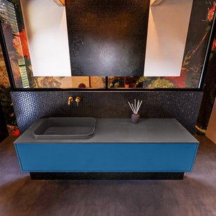 Badkamermeubelset Mondiaz Erin 150 cm met 1 Lade met RIDGE Wastafel Links Dark grey Zonder Kraangaten Greeploos Mat Jeans