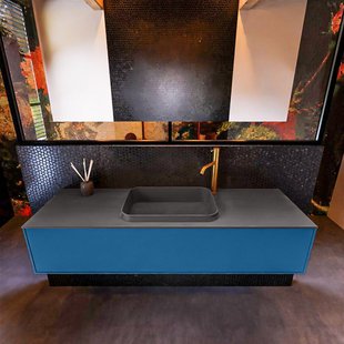 Badkamermeubelset Mondiaz Erin 150 cm met 1 Lade met RIDGE Wastafel Midden Dark grey met 1 kraangat Greeploos Mat Jeans