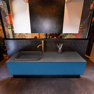 Badkamermeubelset Mondiaz Erin 150 cm met 1 Lade met RIDGE Wastafel Links Dark grey met 1 kraangat Greeploos Mat Jeans