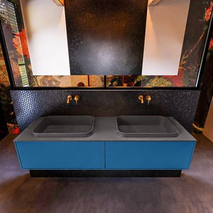 Badkamermeubelset Mondiaz Erin 150 cm met 2 Lades met RIDGE Wastafel Dubbel Dark grey Zonder Kraangaten Greeploos Mat Jeans