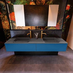 Badkamermeubelset Mondiaz Erin 200 cm met 2 Lades met RIDGE Wastafel Dubbel Dark grey met 2 kraangaten Greeploos Mat Jeans