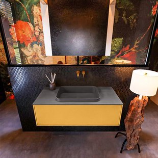 Badkamermeubelset Mondiaz Erin 100 cm met 1 Lade met RIDGE Wastafel Midden Dark grey Zonder Kraangaten Greeploos Mat Ocher Badkamermeubelset Mondiaz Erin 100 cm met 1 Lade met RIDGE Wastafel Midden Dark grey Zonder Kraangaten Greeploos Mat Ocher
