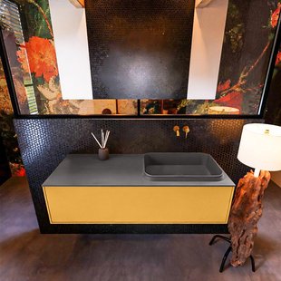 Badkamermeubelset Mondiaz Erin 120 cm met 1 Lade met RIDGE Wastafel Rechts Dark grey Zonder Kraangaten Greeploos Mat Ocher