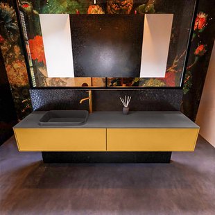 Badkamermeubelset Mondiaz Erin 200 cm met 2 Lades met RIDGE Wastafel Links Dark grey met 1 kraangat Greeploos Mat Ocher