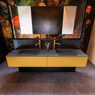 Badkamermeubelset Mondiaz Erin 200 cm met 2 Lades met RIDGE Wastafel Dubbel Dark grey met 2 kraangaten Greeploos Mat Ocher