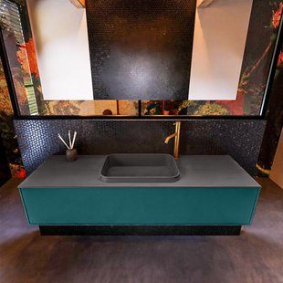 Badkamermeubelset Mondiaz Erin 150 cm met 1 Lade met RIDGE Wastafel Midden Dark grey met 1 kraangat Greeploos Mat Smag